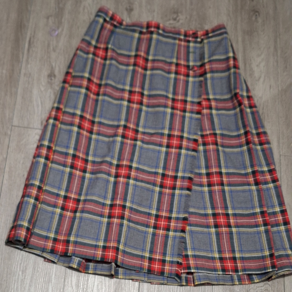 Vintage Bonda Textiles Nova Scotia Wool Tartan Pleated Skirt Sz 14 Fabric Button